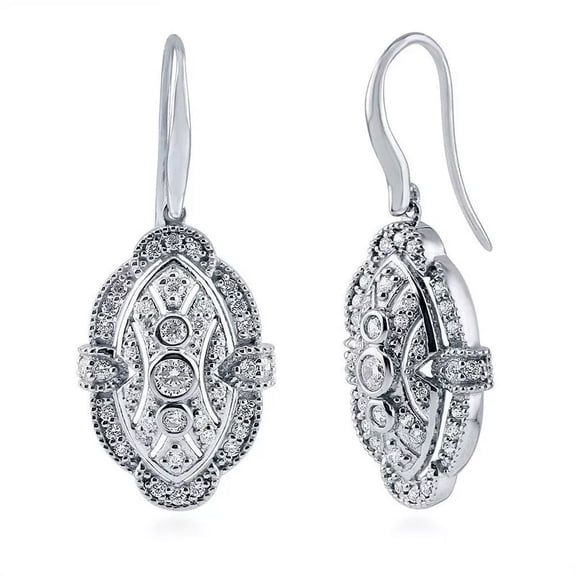 Princess Cut Clear Cubic Zirconia Art Deco-Style Silver Fish Hook Dangle Earring