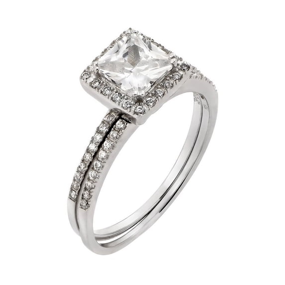 Princess Cut Clear Cubic Zirconia Wedding Set Ring Rhodium Plated Sterling Silver Size 8