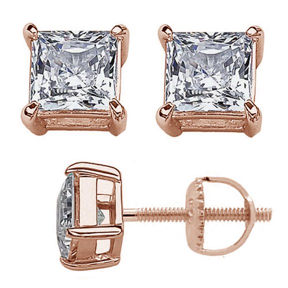 Princess Cut Cubic Zirconia 6MM Screw Back Earrings Rose Gold-Tone Plated Sterling Silver