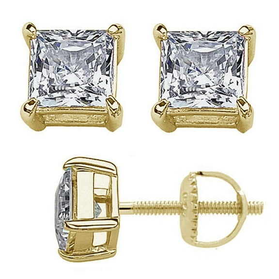 Princess Cut Cubic Zirconia 7MM Screw Back Earrings Gold-Tone Plated Sterling Silver