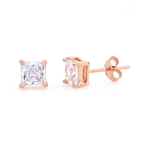 Princess Cut Cubic Zirconia Classic Basket Stud Earring Rose Gold-Toned Sterling Silver