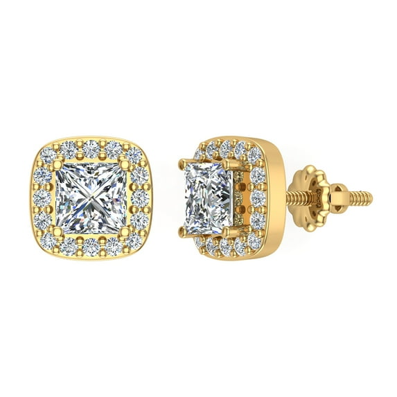 Princess Cut Cushion Style Halo Diamond Stud Earrings 14K Gold (G,SI)