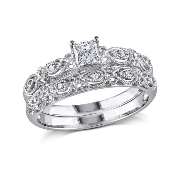 Princess Cut Diamond Engagement Ring & Wedding Band Set 1/3 Carat (Ctw) in 10K White Gold