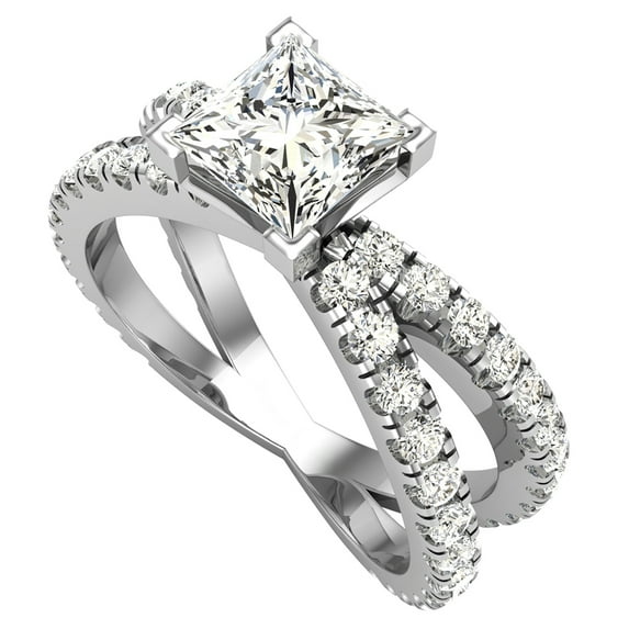 Princess Cut Diamond Engagement Rings 14K Gold Split Shank Style Cross Shank 1.75 CT TW 14K White Gold (J-K,I1)