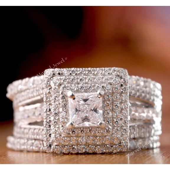 Princess Cut Diamond Engagement Wedding Ring Set, Triple Halo Diamond Ring, Enhancer Bridal Ring Set, Wrap Jacket Style Diamond Bridal Set, 925 Sterling Silver, 2.8 Ct Simulated Diamond