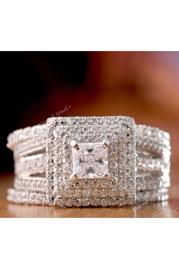 Princess Cut Diamond Engagement Wedding Ring Set, Triple Halo Diamond Ring, Enhancer Bridal Ring Set, Wrap Jacket Style Diamond Bridal Set, 925 Sterling Silver, 2.8 Ct Simulated Diamond