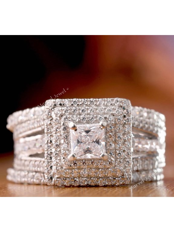 Princess Cut Engagement Wedding Ring Set, Triple Halo Enhancer Bridal Ring Set, Wrap Jacket Style Bridal Set, 14K White Gold Plated, 2.8 Ct Simulated Diamond