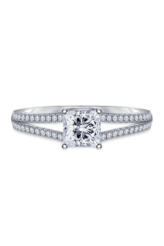 Princess Cut Diamond Ring, Pave Set Split Shank Diamond Engagement Ring, 2.4 Ct Simulated Diamond, 14K White Gold Plated, Proposal Ring