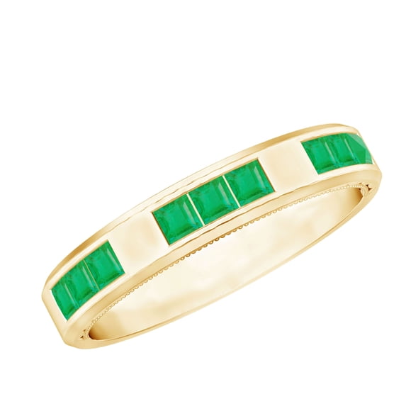 Rosec Jewels Princess Cut Emerald Band for Women, May Birthstone Band Ring - AAA Quality, 14K Yellow Gold, US 8.50