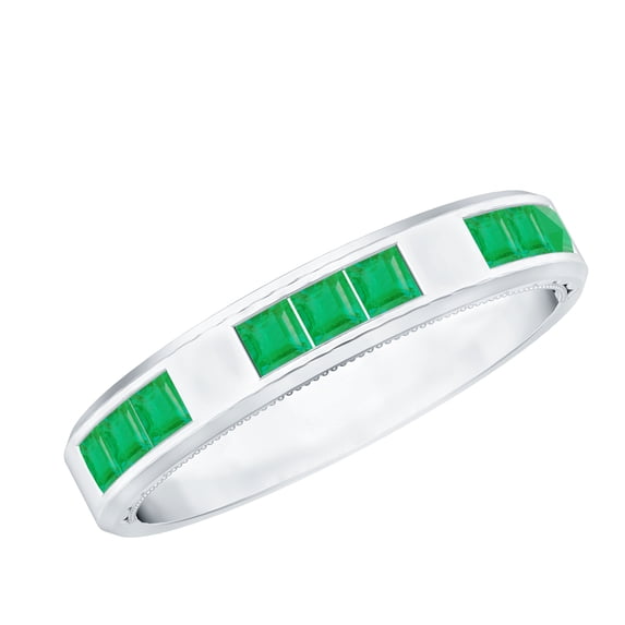 Rosec Jewels Princess Cut Emerald Band for Women, May Birthstone Band Ring - AAA Quality, 925 Sterling Silver, US 9.00