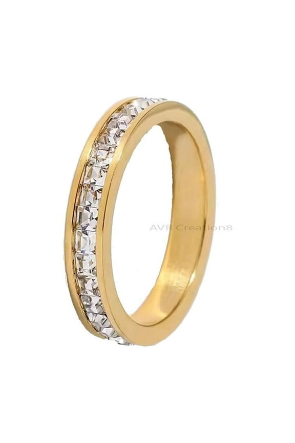 Princess Cut Eternity Wedding Band, Stackable 14K Yellow Gold Anniversary Ring for Women