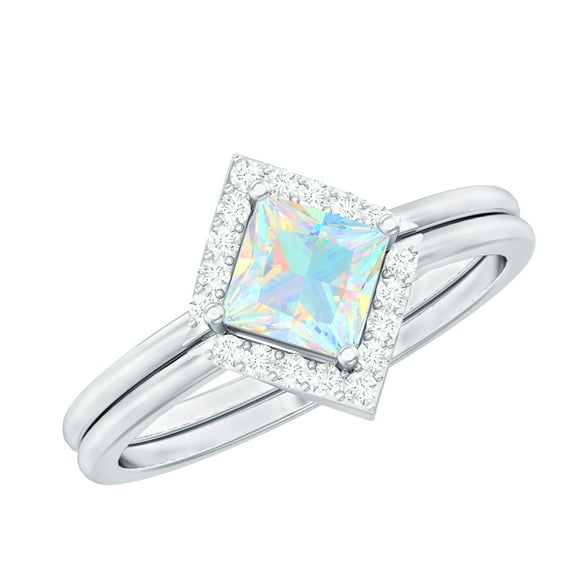 Rosec Jewels Natural Ethiopian Opal Wedding Ring Set for Women - AAA Quality - Opal Diamond Engagement Ring with Enhancer, 10K White Gold, US 10.50