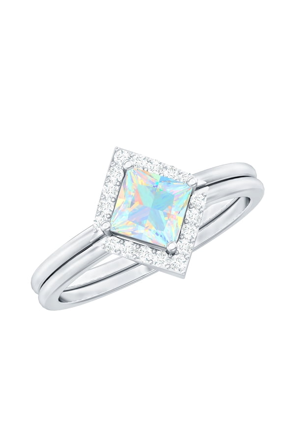 Natural Ethiopian Opal Wedding Ring Set for Women - AAA Quality - Opal Diamond Engagement Ring with Enhancer, 10K White Gold, US 9.50
