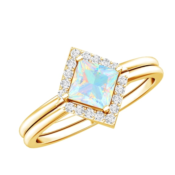 Rosec Jewels Natural Ethiopian Opal Wedding Ring Set for Women - AAA Quality - Opal Diamond Engagement Ring with Enhancer, 10K Yellow Gold, US 10.00