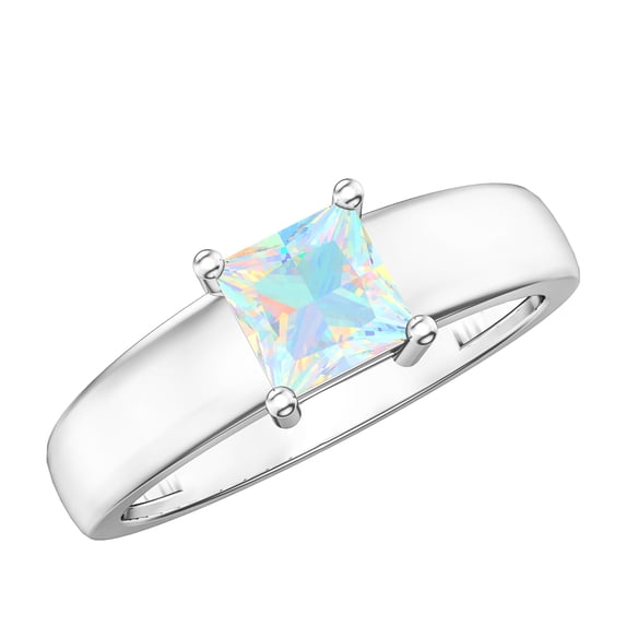 Rosec Jewels Ethiopian Opal Engagement Ring for Women (0.7 Carat, AAA Quality) - Princess Cut Opal Ring - with Jewelry Box, 18K White Gold, US 11.00