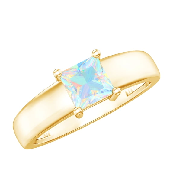 Rosec Jewels Ethiopian Opal Engagement Ring for Women (0.7 Carat, AAA Quality) - Princess Cut Opal Ring - with Jewelry Box, 18K Yellow Gold, US 7.50