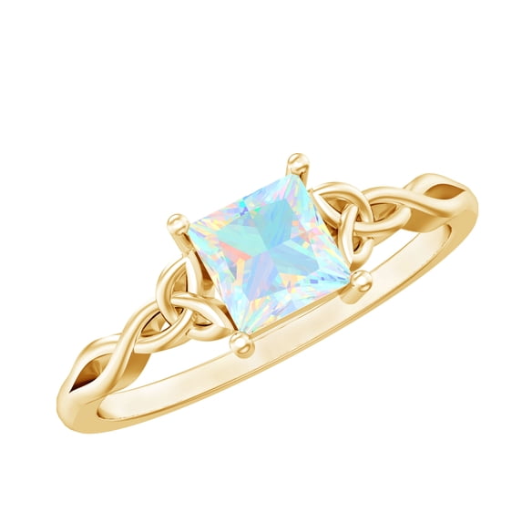Rosec Jewels Princess Cut Ethiopian Opal Promise Ring with Celtic Knot - 5 mm October Birthstone Ring - AAA Grade - Ready to Gift, 14K Yellow Gold, US 12.50