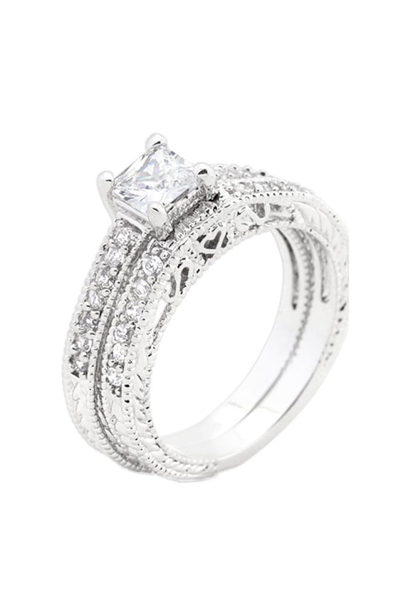 Princess Cut Filigree Bridal Ring Set Size 8