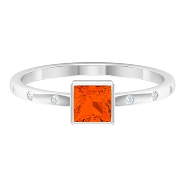 Rosec Jewels Princess Cut Fire Opal Solitaire Promise Ring for Women with Diamond (AAA Grade), 925 Sterling Silver, US 4.00