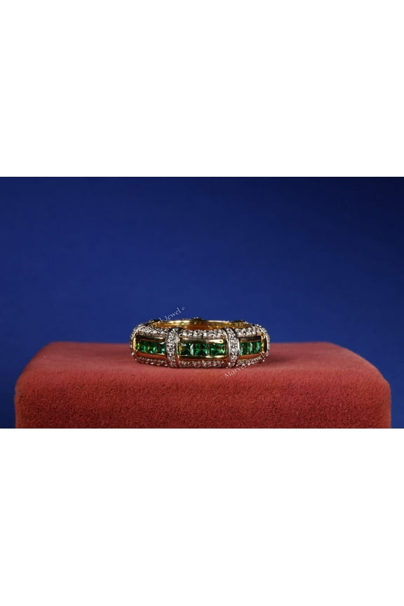 Princess Cut Green Emerald and Diamond Eternity Band Ring, Full Eternity Anniversary Ring For Her, 14K Yellow Gold Plated, 2.4 Ct Emerald And Simulated Diamond, Ring For Special Day