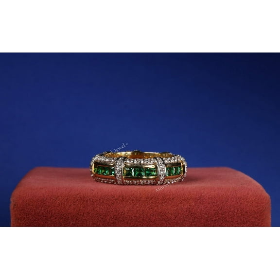Princess Cut Green Emerald and Diamond Eternity Band Ring, Full Eternity Anniversary Ring For Her, 14K Yellow Gold Plated, 2.4 Ct Emerald And Simulated Diamond, Ring For Special Day