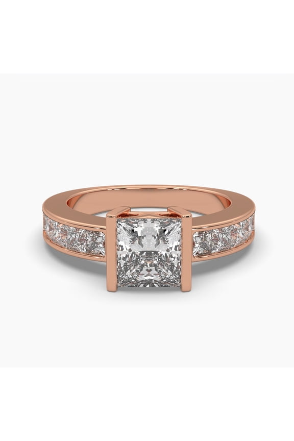 Princess Cut Half-Bezel Moissanite 18k Riviera Shank Ring for Women