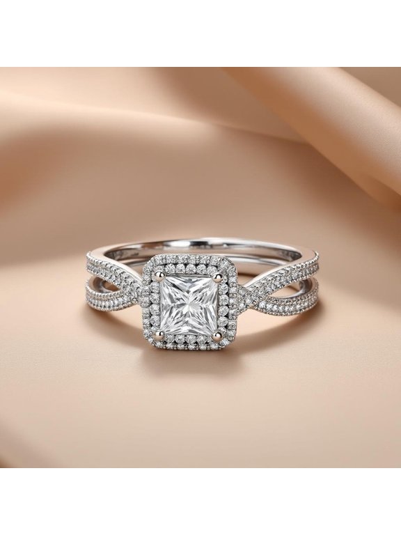 Princess Cut Halo Engagement Ring, Split Shank Bridal Ring, 18K Gold Over Silver