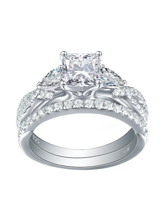 Princess Cut Infinity Bridal Set Engagement Ring, Pave Set Stackable Women's Ring, 2.2 Ct Simulated Princess Cut Diamond, 14K White Gold Plated, Three Stone Anniversary Ring For Her Special Ocassion