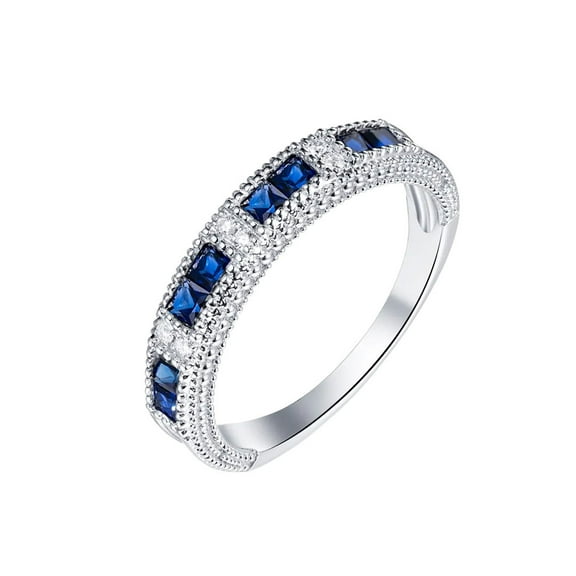 Princess Cut Lab-Created Blue Sapphire and Diamond Half Eternity Wedding Band Ring in 925 Sterling Silver for Women – Elegant and Timeless Engagement Jewelry
