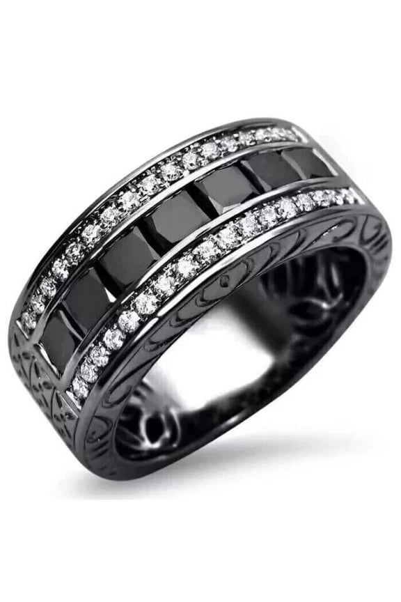Princess Cut Lab Created Diamond Men's Wedding Band Ring 14K Black Gold Plated Sterling Silver