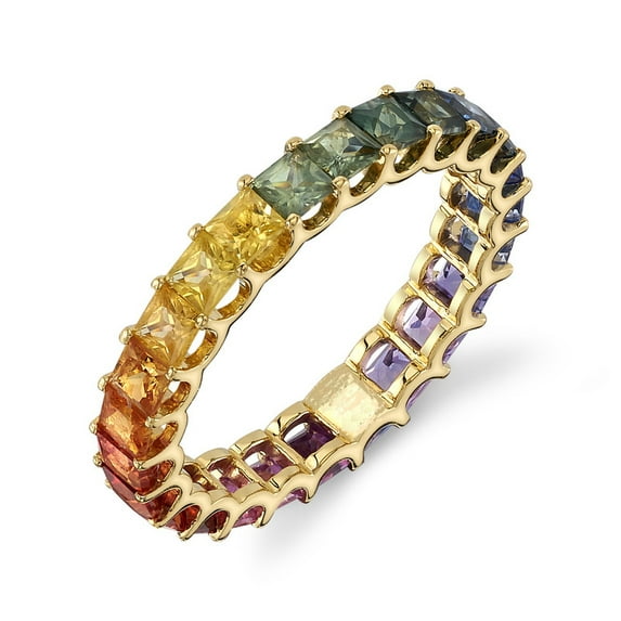 Princess Cut Lab-Created Multi Sapphire Shared Prong Full Eternity Wedding Band Ring in 925 Sterling Silver - Stunning Stacking Rainbow Sapphire Ring, Perfect Gift for Her