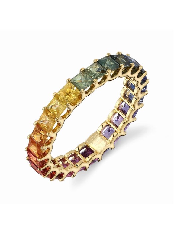 Princess Cut Lab-Created Multi Sapphire Shared Prong Full Eternity Wedding Band Ring in 925 Sterling Silver - Stunning Stacking Rainbow Sapphire Ring, Perfect Gift for Her
