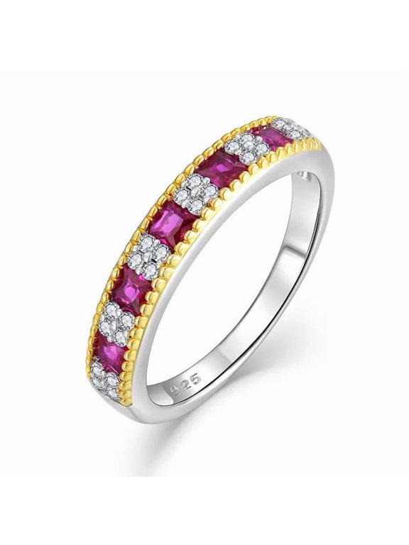 Princess Cut Lab-Created Ruby and Diamond Half Eternity Wedding Band Ring in 925 Sterling Silver - Elegant Jewelry for Her