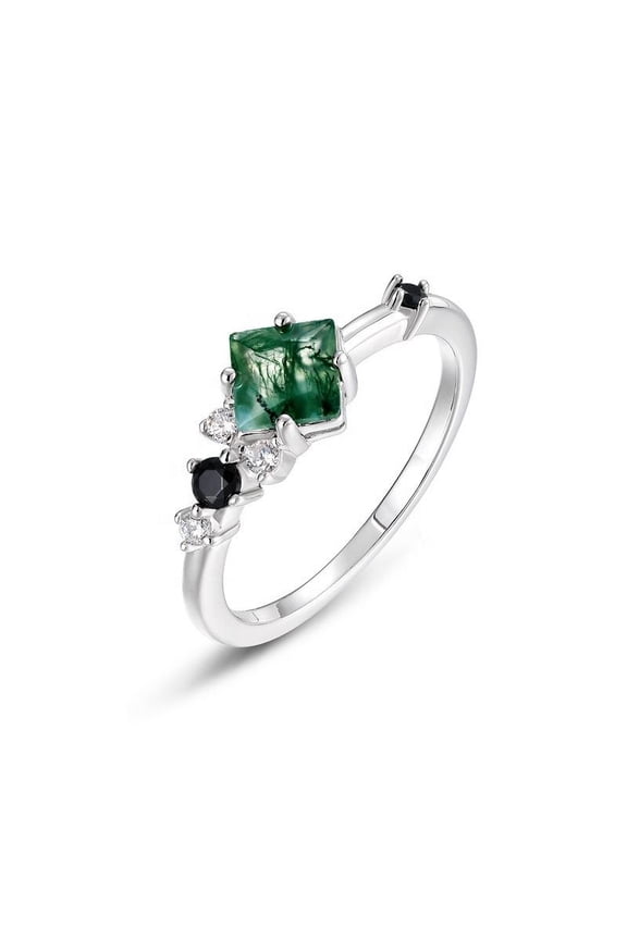 Princess Cut Lab Green Moss Agate Engagement Ring in 925 Sterling Silver – Nature Inspired Dainty Promise Ring, Unique Anniversary Gift, Handmade Jewelry for Women