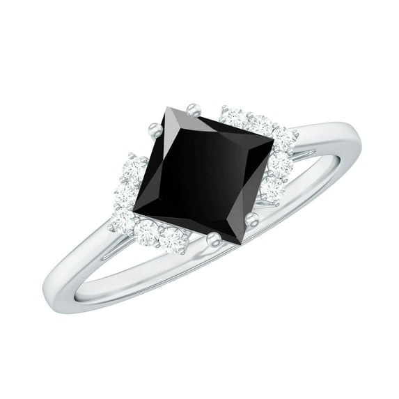Rosec Jewels Princess Cut Lab Grown Black Diamond Ring with Diamond for Women (6 MM), 18K White Gold, US 13.00