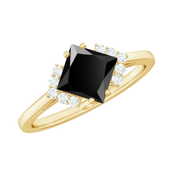 Rosec Jewels Princess Cut Lab Grown Black Diamond Ring with Diamond for Women (6 MM), 18K Yellow Gold, US 11.00