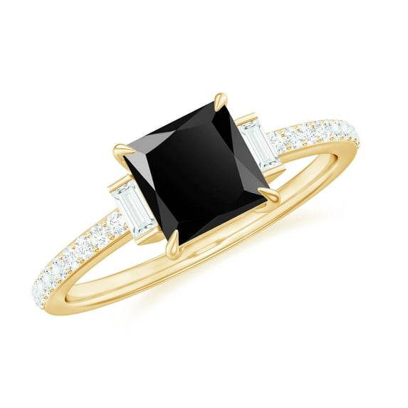 Princess Cut Lab Grown Black Diamond Solitaire Ring with Diamond (AAAA Quality), 10K Yellow Gold, US 9.50
