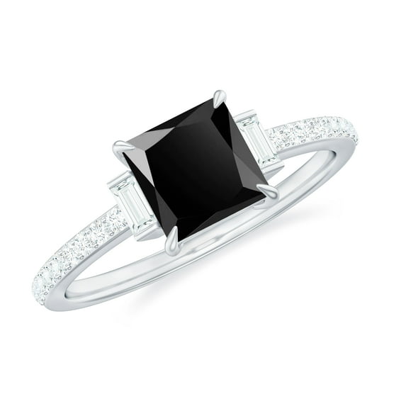 Rosec Jewels Princess Cut Lab Grown Black Diamond Solitaire Ring with Diamond (AAAA Quality), 18K White Gold, US 11.50