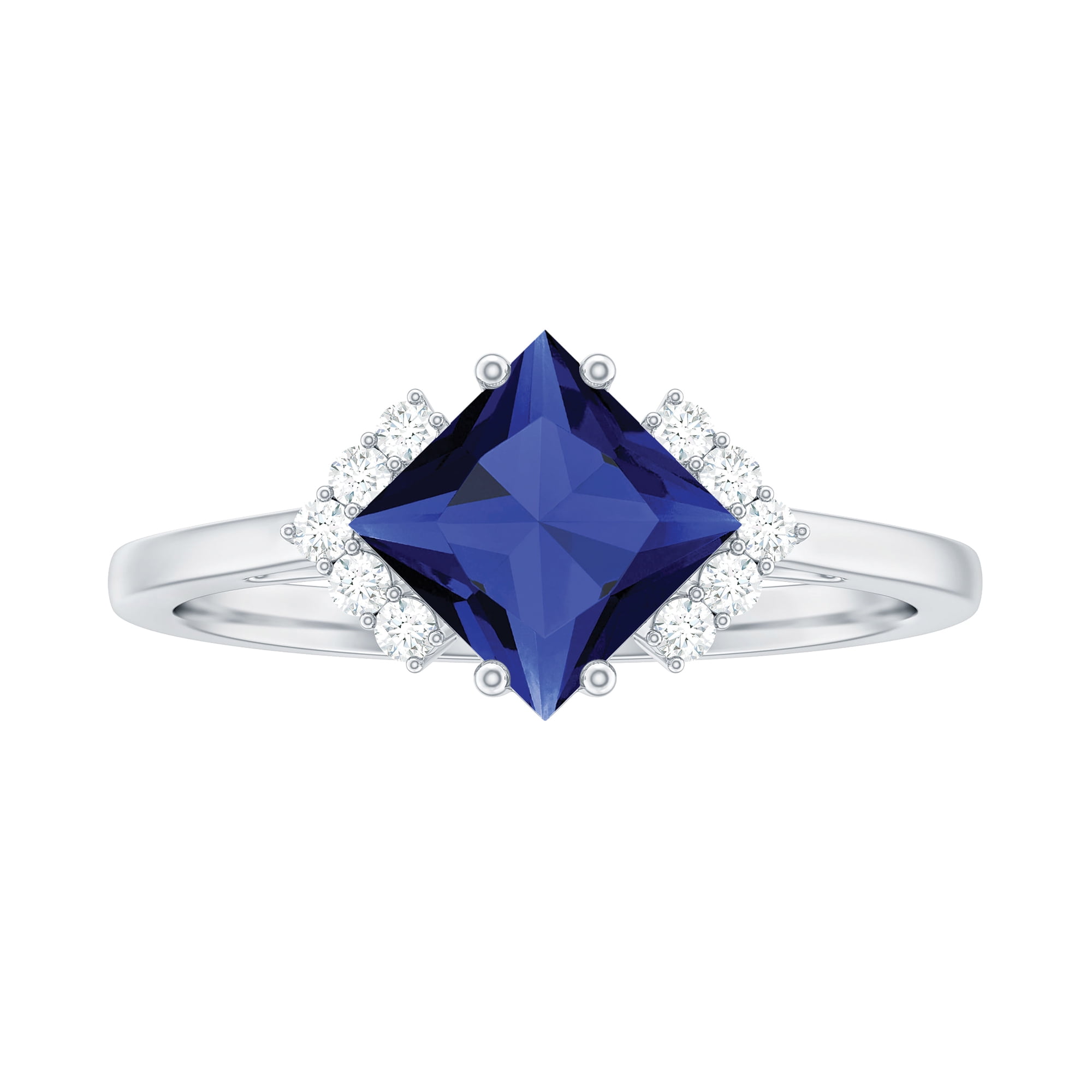 Lab-Grown Square Cut Blue Sapphire Solitaire Ring with Milgrain Detailing |  Angara