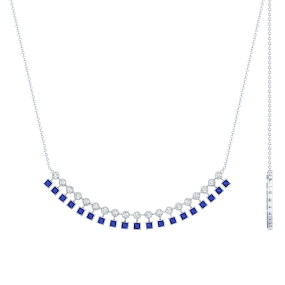 Rosec Jewels Lab Grown Blue Sapphire Curved Bar Necklace - (AAAA Grade) Blue Sapphire and Moissanite Necklace - with Jewelry Box, 925 Sterling Silver
