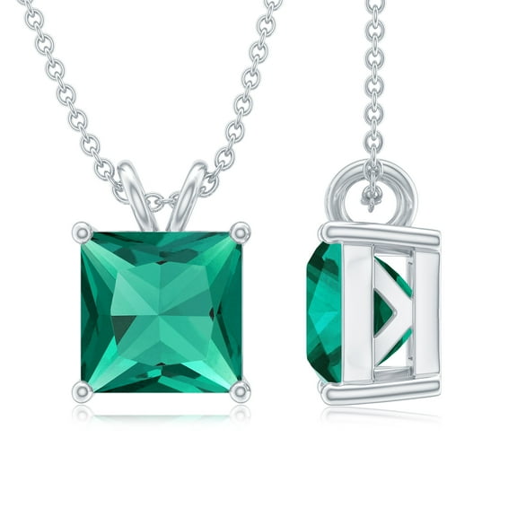 Rosec Jewels Princess Cut Lab Grown Emerald Solitaire Pendant, Pendant Necklace with Chain, 925 Sterling Silver