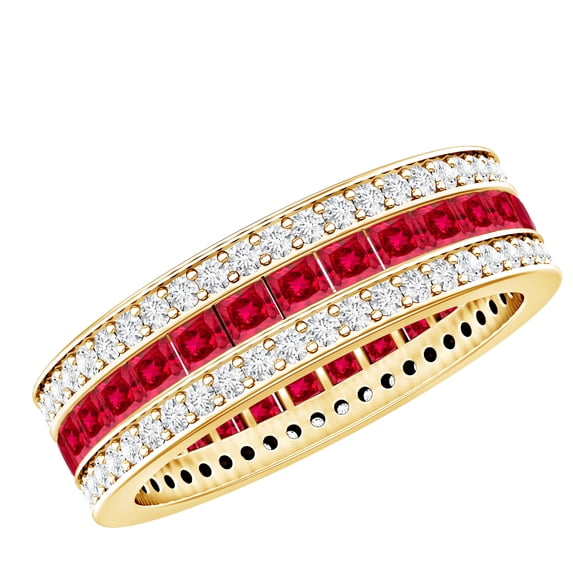 Rosec Jewels Lab Grown Ruby 3 Row Eternity Ring - AAAA Grade Princess Cut Ruby Wedding Band with Moissanite - with Jewelry Box, 10K Yellow Gold, US 6.50