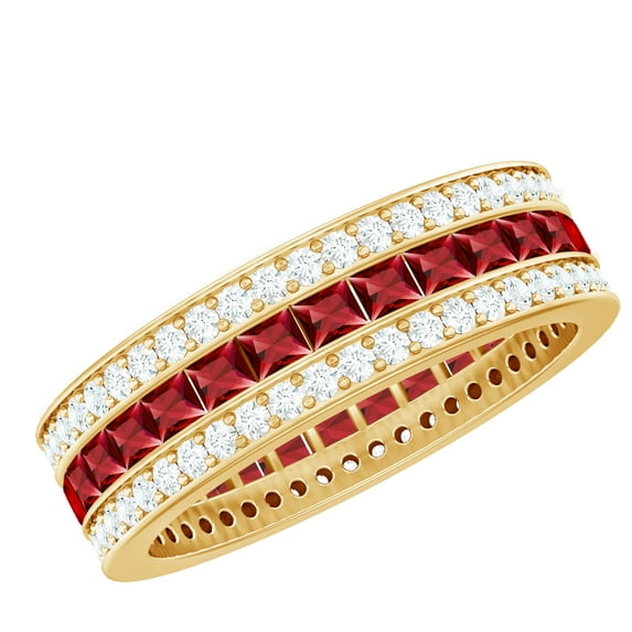 Rosec Jewels Lab Grown Ruby 3 Row Eternity Ring - AAAA Grade Princess Cut Ruby Wedding Band with Moissanite - with Jewelry Box, 18K Yellow Gold, US 4.00