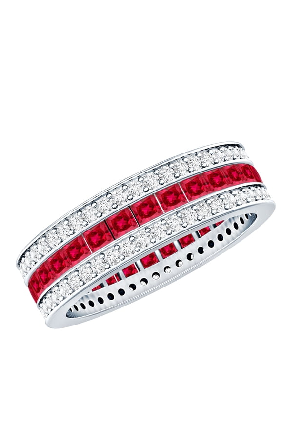 Lab Grown Ruby 3 Row Eternity Ring - AAAA Grade Princess Cut Ruby Wedding Band with Moissanite - with Jewelry Box, 925 Sterling Silver, US 11.50
