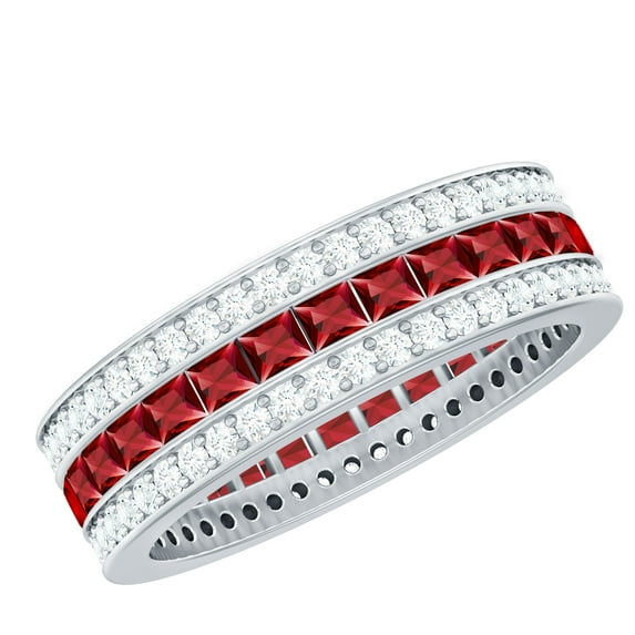Rosec Jewels Lab Grown Ruby 3 Row Eternity Ring - AAAA Grade Princess Cut Ruby Wedding Band with Moissanite - with Jewelry Box, 925 Sterling Silver, US 11.50
