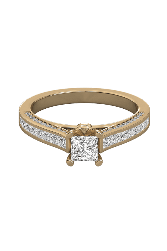 14K Gold Moissanite Ring, Princess Cut Diamond Engagement Ring with Round and Princees Diamond Accents Band