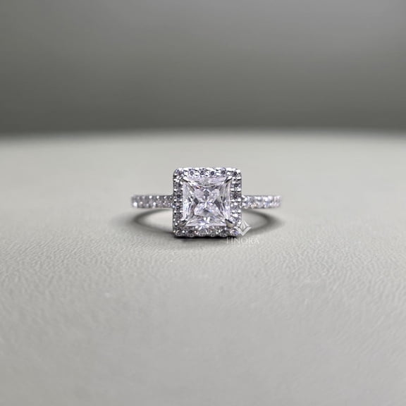 Princess Cut Moissanite Engagement Ring • Silver or Gold Halo Bridal Jewelry