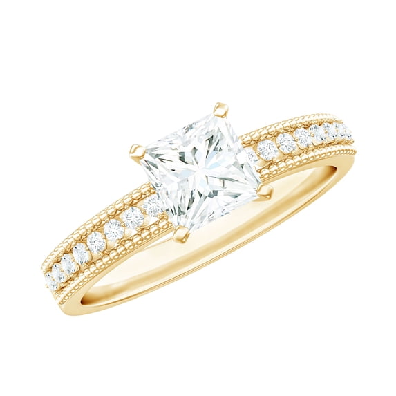 Rosec Jewels Princess Cut Moissanite Engagement Ring with Side Stones - 5 mm - D-VS1 Grade, 10K Yellow Gold, US 10.50