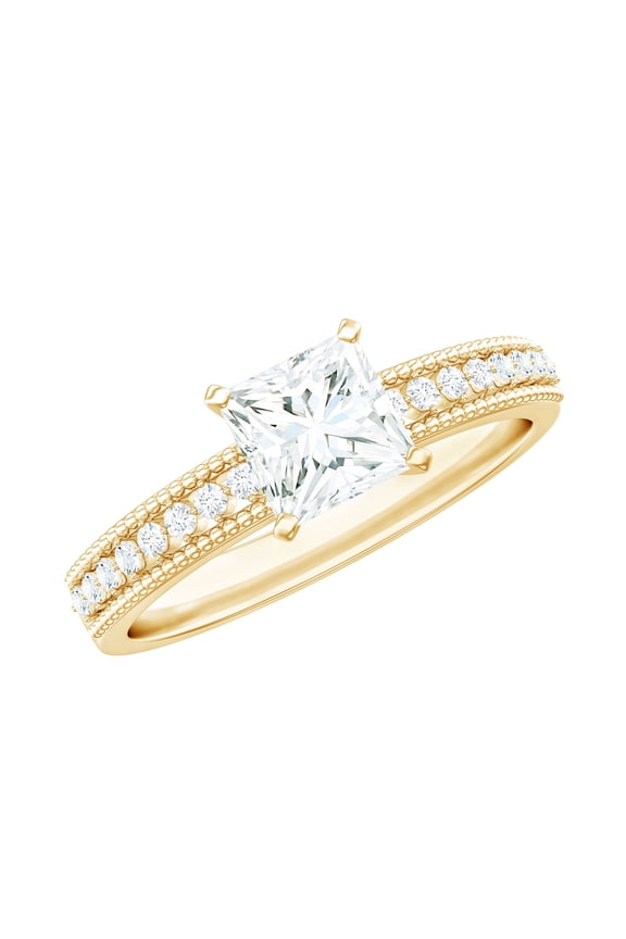 Princess Cut Moissanite Engagement Ring with Side Stones - 5 mm - D-VS1 Grade, 10K Yellow Gold, US 10.50