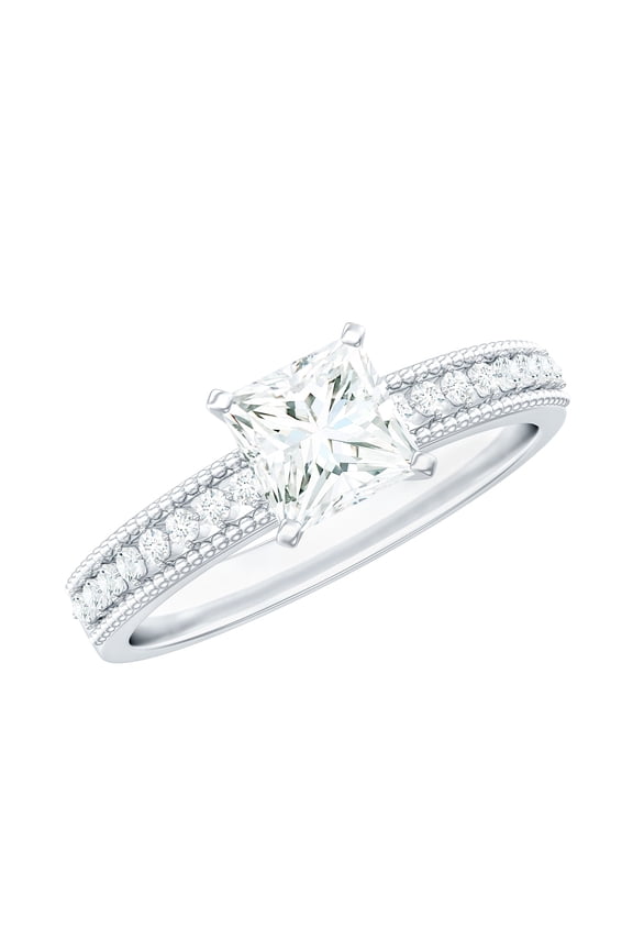 Princess Cut Moissanite Engagement Ring with Side Stones - 5 mm - D-VS1 Grade, 18K White Gold, US 10.00